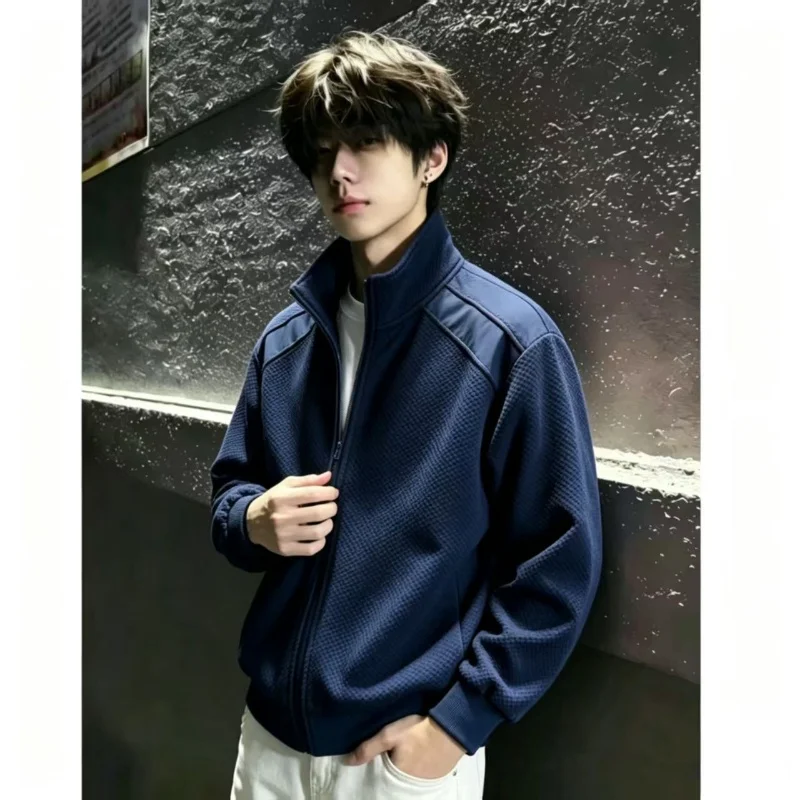 Mens Navy Blue Textured Zip Up Jacket Stand Collar Long Sleeve Casual Streetwear Coat with Ribbed Cuffs for Daily Spring Autumn