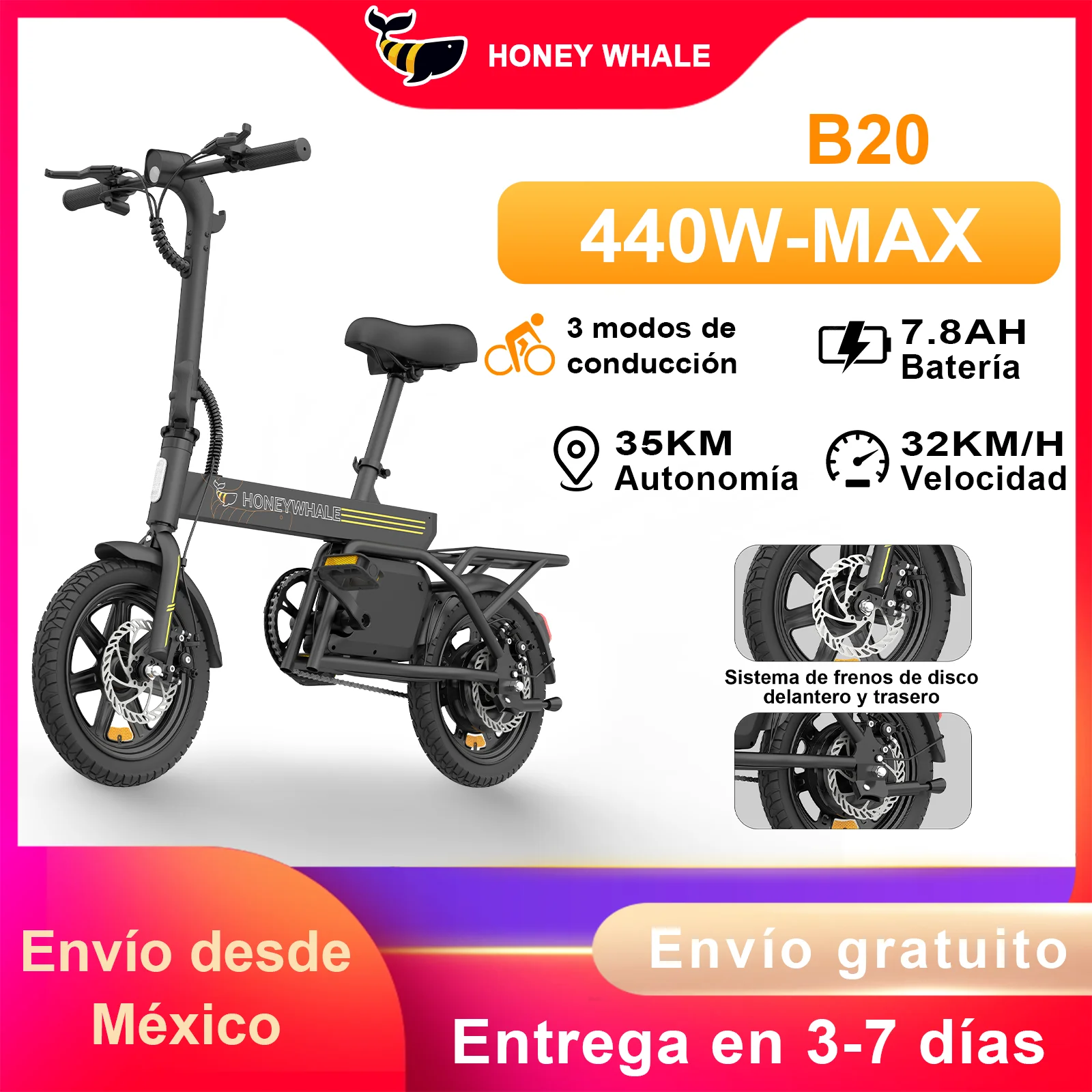 HONEYWHALE B20 Bicicleta Electrica Plegable para Adultos, Moto Bicicleta con 3 Modos de Conducción, Motor de 440W-MAX, Velocidad Máxima 25KM/H, Batería 7.8AH, Autonomía 35KM