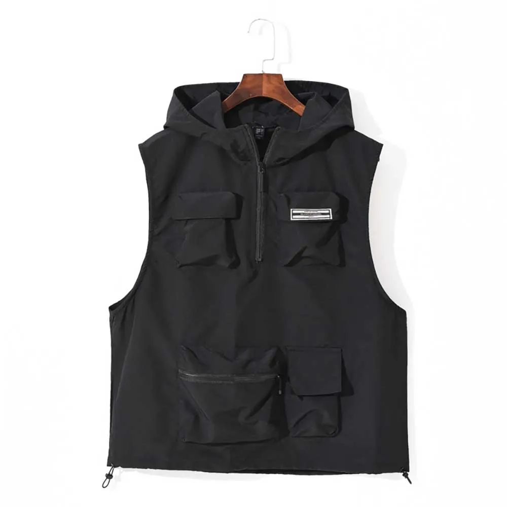 Fashion Spring Summer Polyester Vest Men's Waistcoat Hooded Sleeveless Jacket Sportswear Plus Size Clothing