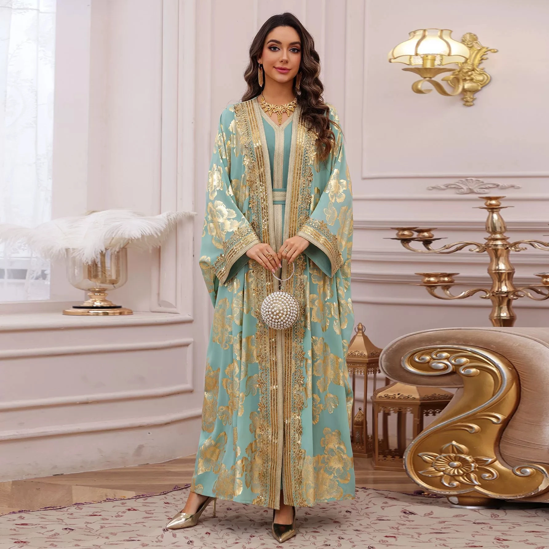 Middle East Ramadan Muslim Luxury Fashion Arab Hot Stamped Robe Two Piece Dress Trendy Party Jalabiya Dubai Islamic Robe
