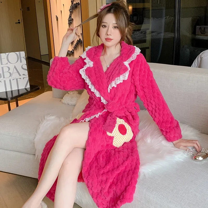 Thick Shower Robes Sweet Flower Pocket Bathrobe Women Soft Coral Fleece Nightgown Kimono Intimate Lingerie Winter Loungewear