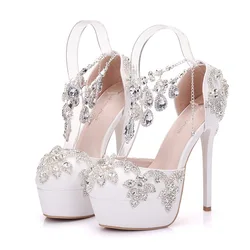 Wonen décolleté moda scarpe da ufficio pu strass cava piattaforma impermeabile punta tonda tacchi sottili 14 cm scarpe da sposa da donna