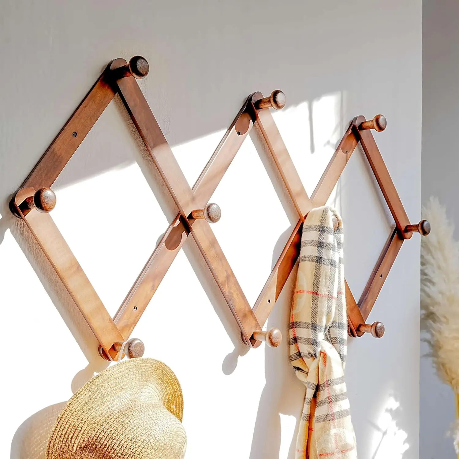 

Expandable Wooden Coat Rack - 24" High, Anti-Slip, Heavy Duty Wall Hanger with 10 Pegs for Clothing and Hats