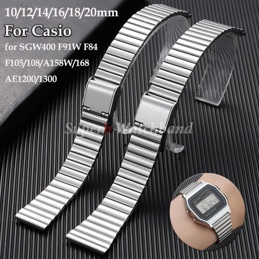 

10/12/14/16/18/20mm Metal Watch Strap For Casio Ultra-thin Metal for SGW400 F91W F84 F105/108/A158W/168 AE1200/1300 Men Women