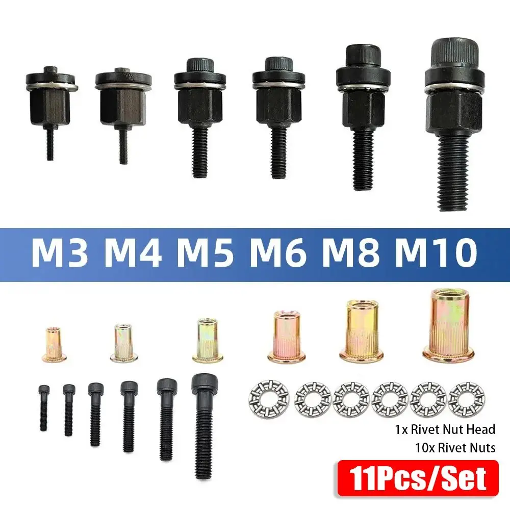 11Pcs/Set Mandrel Staple Hand Rivet Nut M3 M4 M5 M6 M8 M10 Easy Installation Manual Riveter Tool with Rivet Nuts