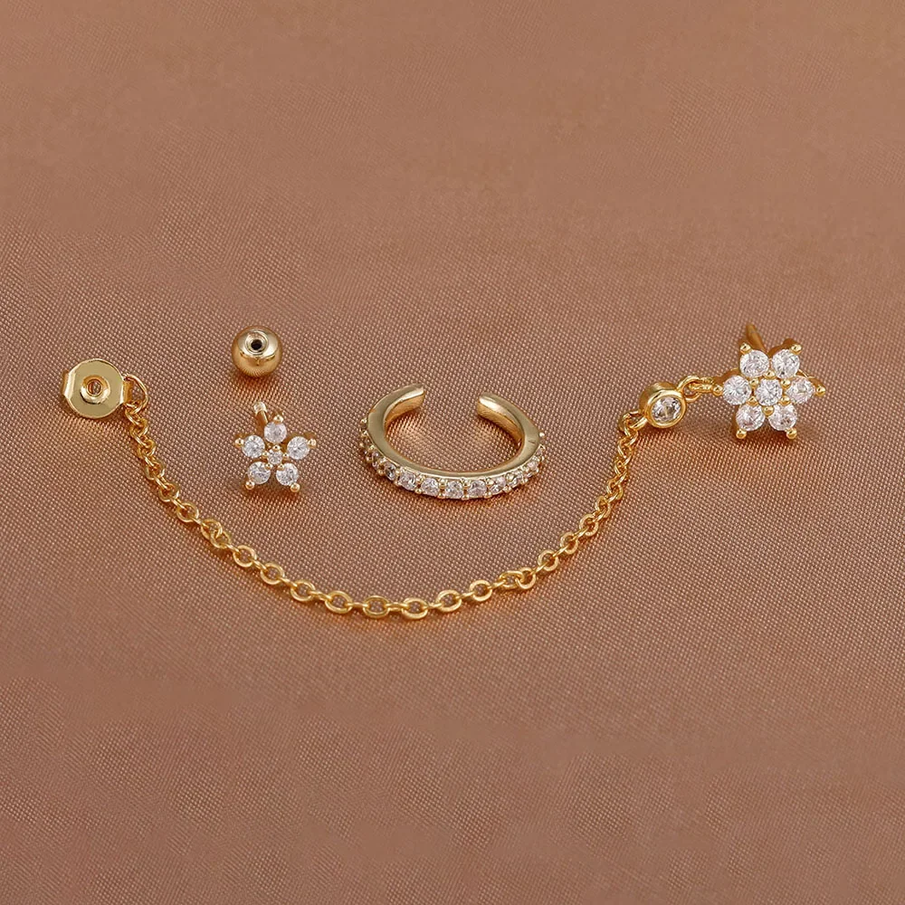 3 قطعة لطيف حساسة كريستال زهرة طقم من الحلقان للنساء 14K مطلية بالذهب الفولاذ المقاوم للصدأ سلسلة الأذن مربط ثقب المجوهرات