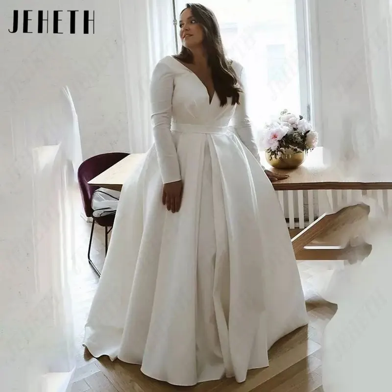 JEHETH Full Sleeves V-Neck Vestidos De Casamento Plus Size Simples A Linha De Cetim Vestidos De Noiva Para A Mulher Sexy Clássico Vestido De MariagesJEHETH Mangas Completas V-Neck Vestidos de Noiva Plus Size Simples A