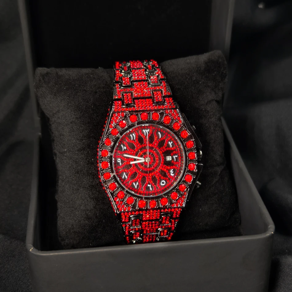 Red Diamond Watch For Men Brand PINTIME Fashion Arabic Literal Quartz Clock Man Hip Hoplced Jewelry Round Wristwatch 2026 New view 6