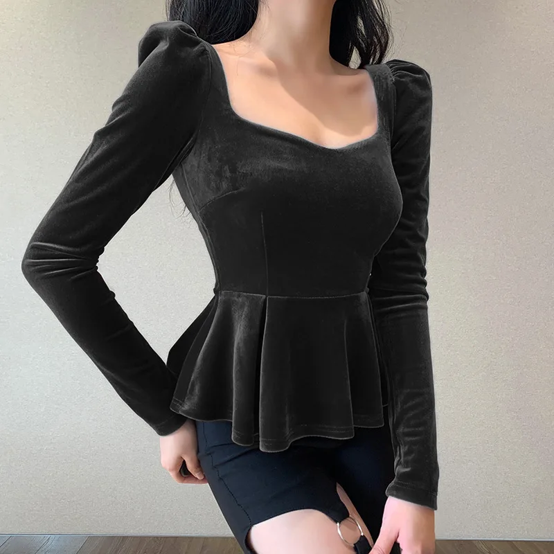 Slim-fit Temperament Top Fashion Square Neck Hem Long-sleeved Top Velvet Puff Sleeve Tight-fitting Ladies T-shirt Sexy Ladies