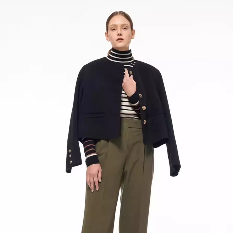 

Mimifa High-End Classic Single-Button Bla Woolen Coat Small Size Women's Outerwear Ele mat Sle