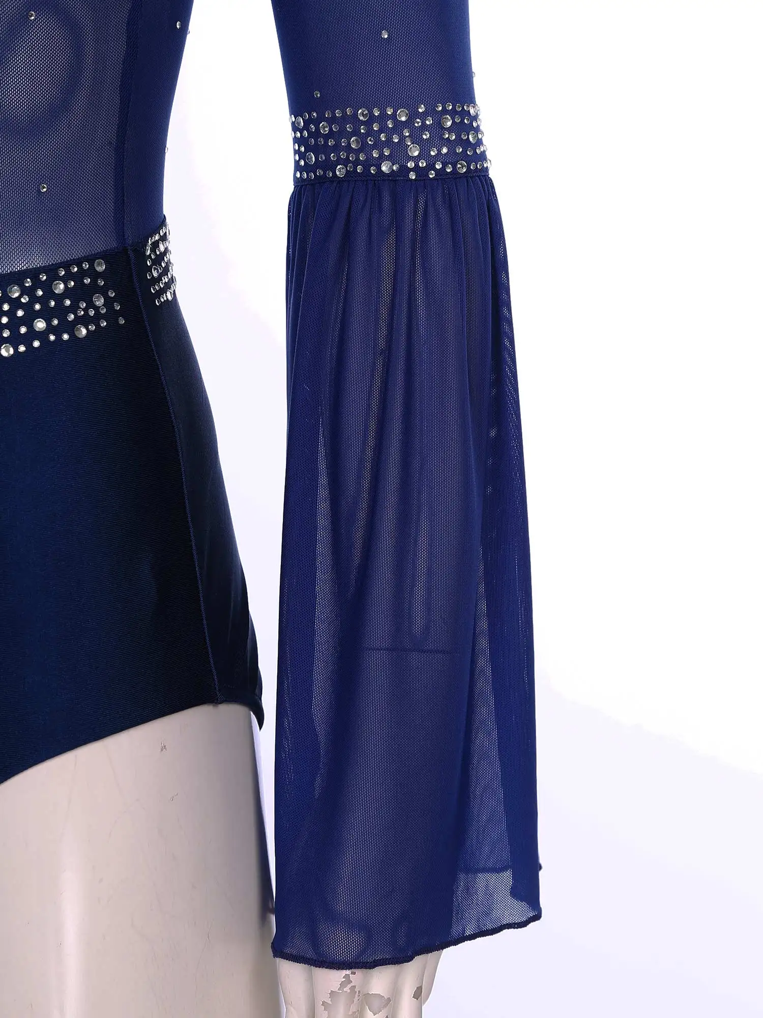 Damen Eiskunstlauf Rhythmische Gymnastik Performance Kostüm Flare Sleeve Sparkly Strass Ballett Tanz Trikot Tanzbekleidung – Detail 13