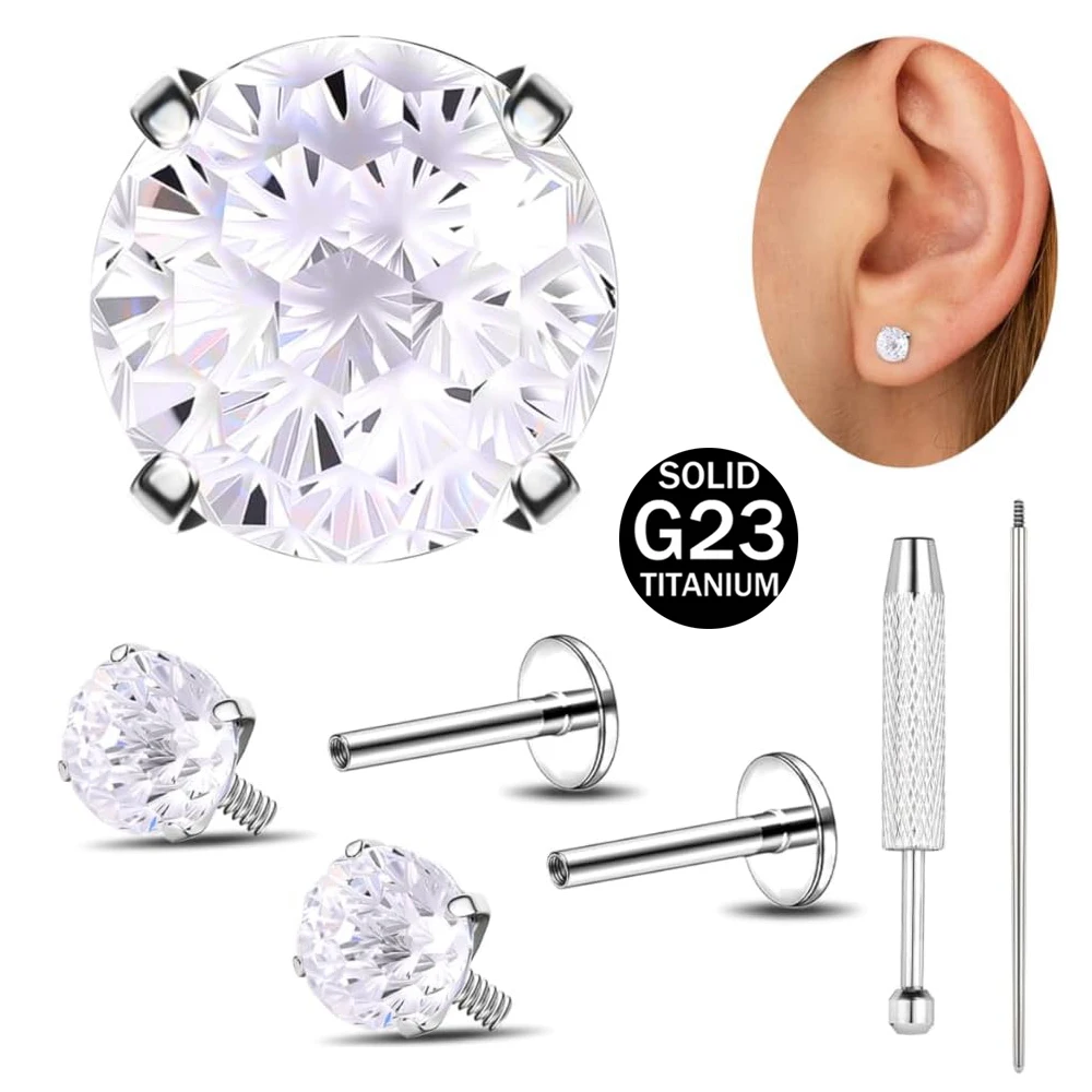 4pcs/Set Flat Back Earring Stud Internal Thread Round CZ Titanium Tragus Cartilage Piercing Jewelry Clear White Cubic Zirconia