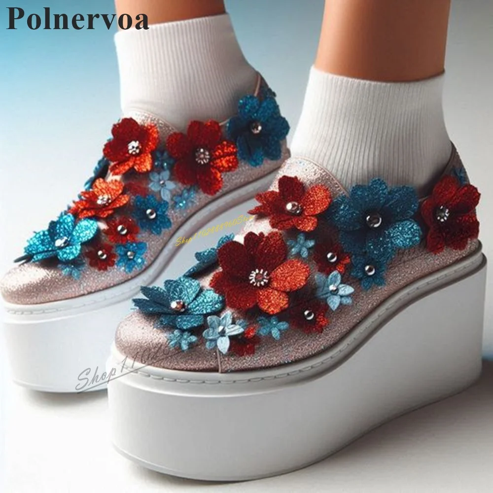 

Stylish Mixed Flower Decor Thick Soled Pumps Flat With Shoes For Women Slip On Round Toe 2024 Fashionable Zapatos Para Mujere