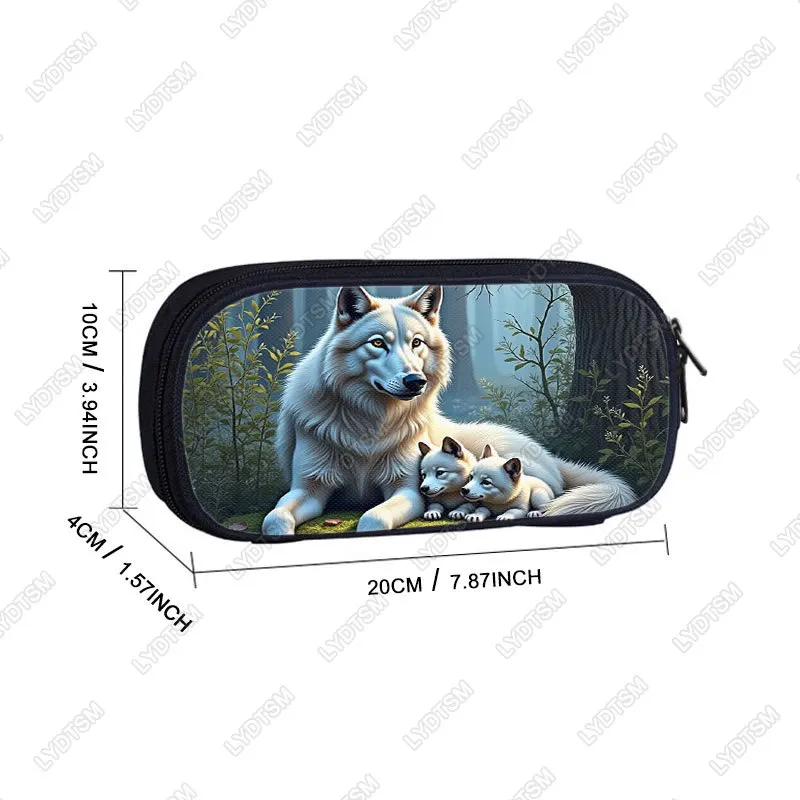 Howling Wolf Under The Moonlight Print Pencil Case Wolf and Babies in The Forest School Pen Holder Cosmetic Case School Supplie