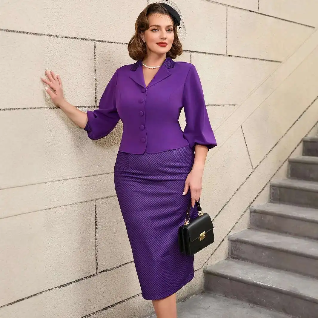 

Plus Size Set Three-quarter Lantern Sleeve Turn-down Collar Blazer Digital Print Plaid Bodycon Dress Summer Elegantes Casual Y2k