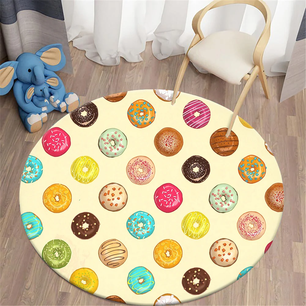 CLOOCL Round Carpet Cartoon Doughnuts Printing Mat Soft Comfortable Flannel Decoration Afternoon Tea Party Style Area Rug