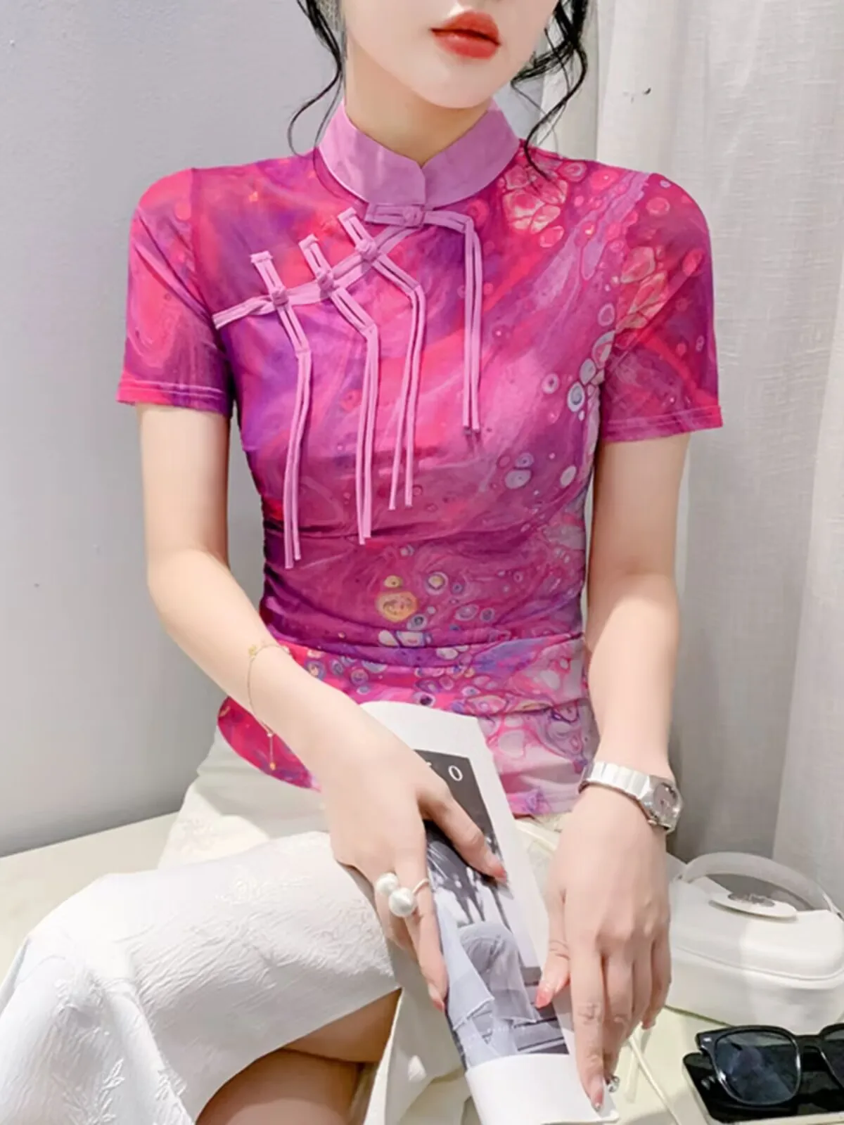 2024 New Chinese Style Female T-shirt Summer Printed Striped Stand Collar Woman S-3XL Short Sleeves Pink High Quality Mesh Fairy