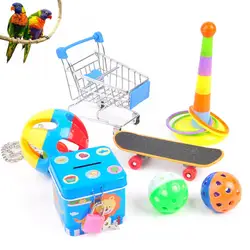 5/6/7Pcs Parrot Toys Kit Pet Bird Skateboard Ball Mini Shopping Cart Foraging Training Rings Educational Puzzle Playing Toy