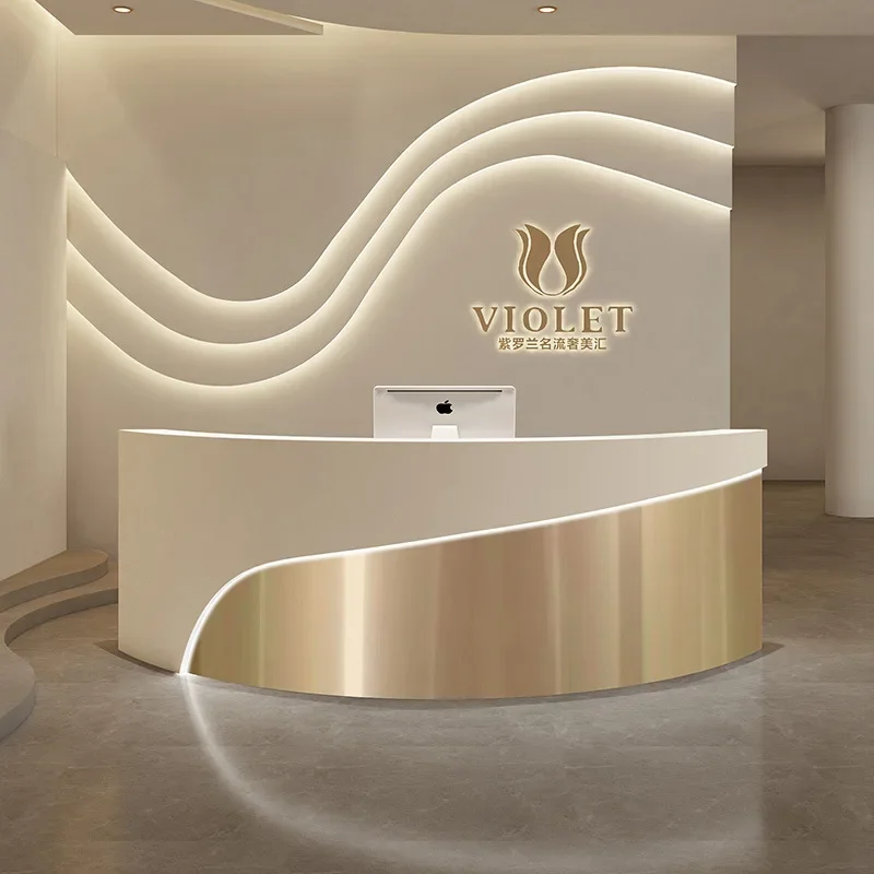 Curved beauty salon checkout page Light luxury stainless steel clothing store Bar table Company front desk Reception desk