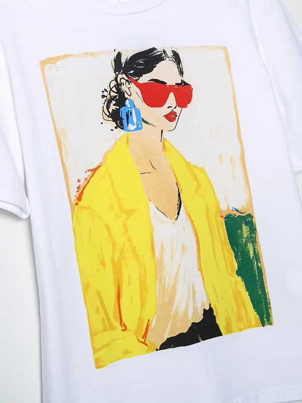 T-shirt stampata bianca Faionable per ragazze Trendy Commute Sle round Ne ort Sve Top da donna in cotone taglio dritto