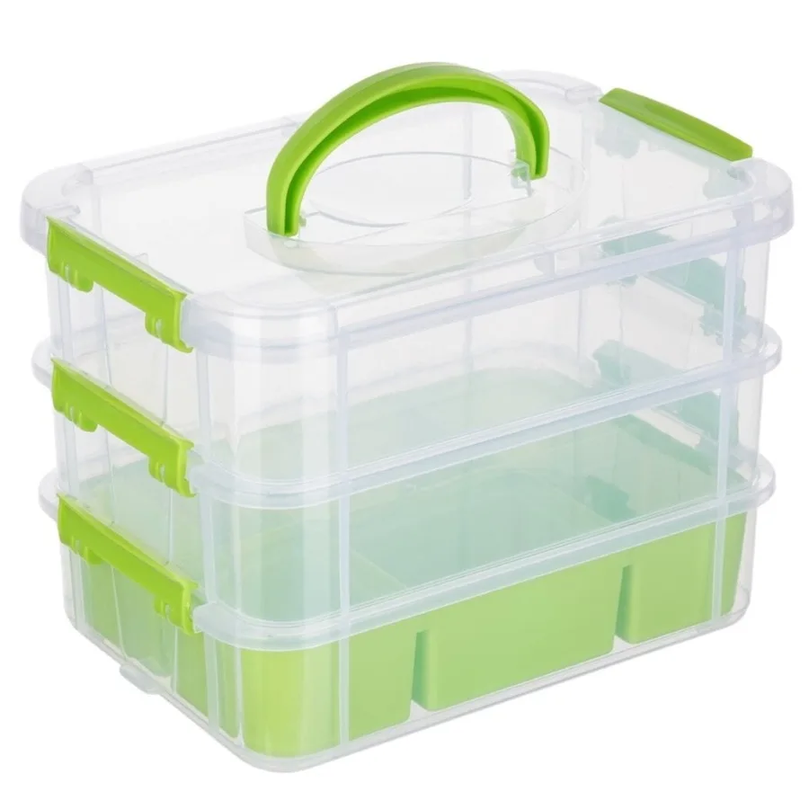 

3-Layer Organizer Case Stack and Carry Box, Plastic Multipurpose Storage Container Box, Portable Handled Storage Box with Remov
