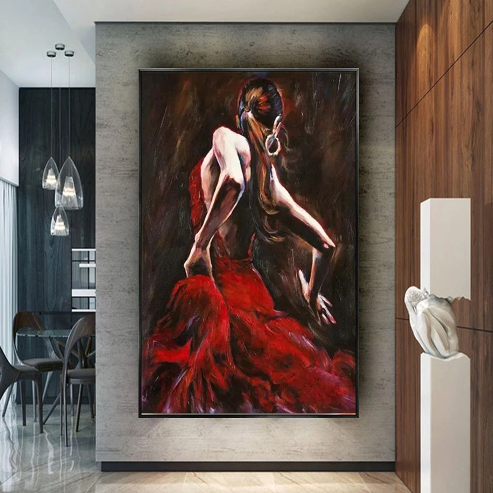 Handmade Red Dress Girls Oil Painting Dance Ballet Art Beautiful Woman On Canvas For Home Decor Wall Modern Aesthetic Artwork