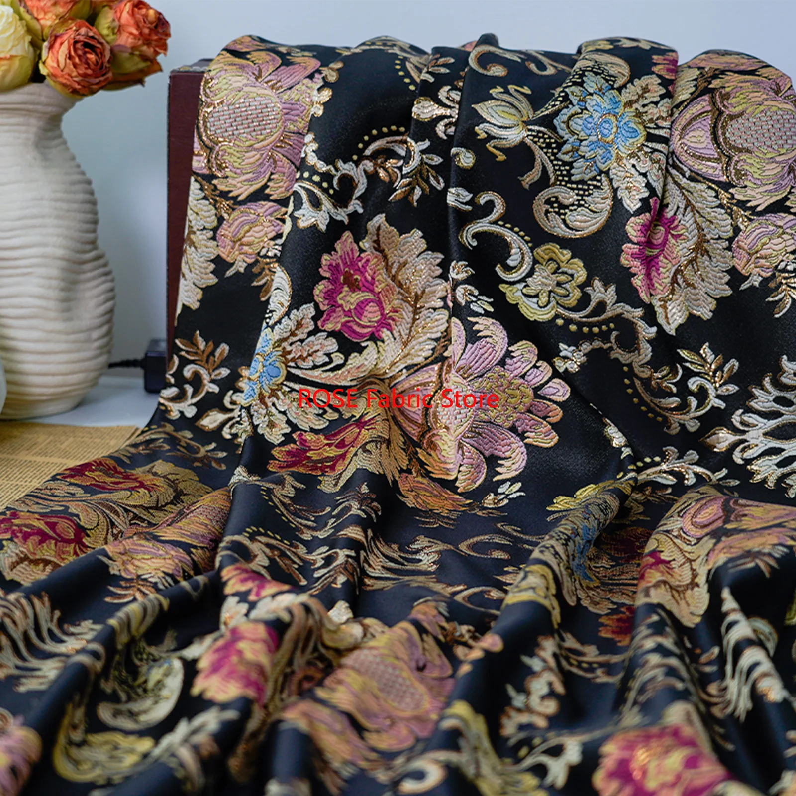 1 meter Black European Style Large Flower Woven Jacquard Fabric Palace Style Dress Bag Decorative Sewing Fabric