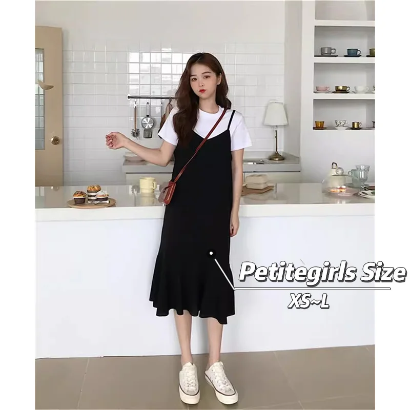 150cm Petite girls Hepburn Style Fishtail Suspender Vest Dress Women Summer High Waist A-line Skirt Medium Length XS Appear High