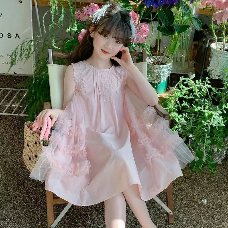 3-14 Years Girls Fashion Cake Dresses Children Summer Cute Mesh Tulle Ruff Hem Dress Kids Sleeveless Tank A-Line Vacation Skirt