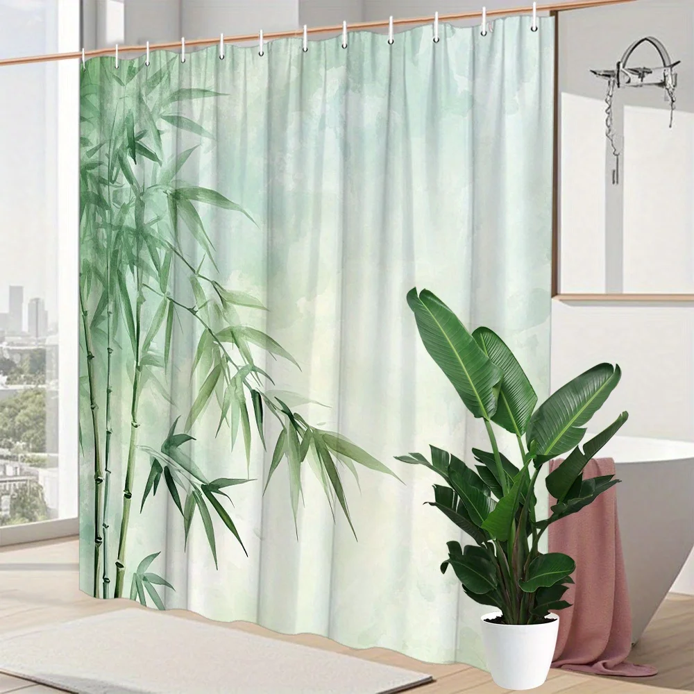 1pc Bamboo Watercolor Shower Curtain - Slender Green Bamboo Stalks & Narrow Leaves on Soft Pastel Gradient, Machine Washable