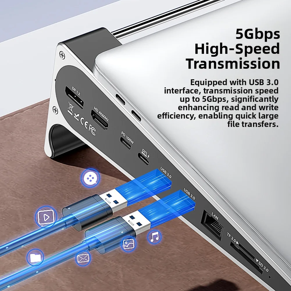 Ergonomic Aluminum Laptop Stand Dock with Active Cooling Dual 4K 60Hz Output for Windows 100W PD USB3.0 Card Reader