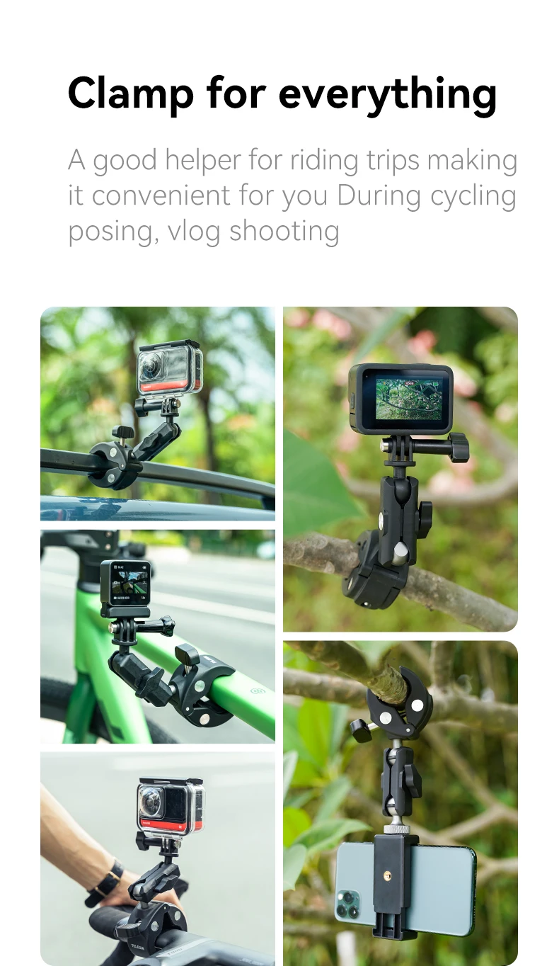 TELESIN Radfahren Motorrad Clip Magic Arm 360° ° Aluminiumlegierung Super Clamp 1/4" Loch für Kamera GoPro Handy Action Kamera – Detail 5