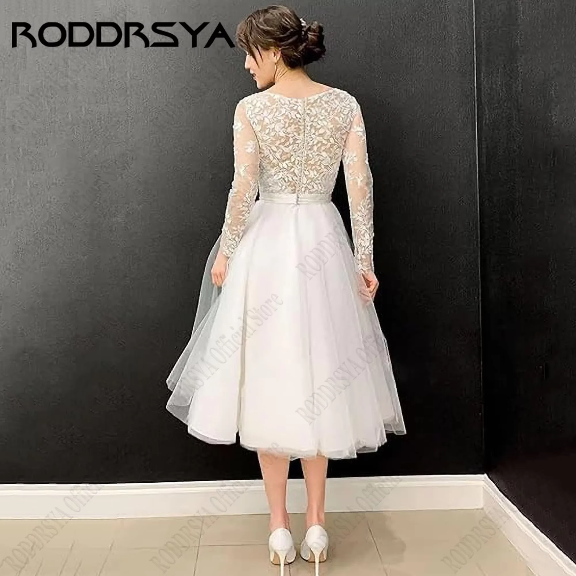 RODDRSYA O-Neck A-Line Wedding Dress For Woman Tulle Long Sleeve Appliques Elegant Bridal Gown Tea-Length Vestido De Nova 2024
