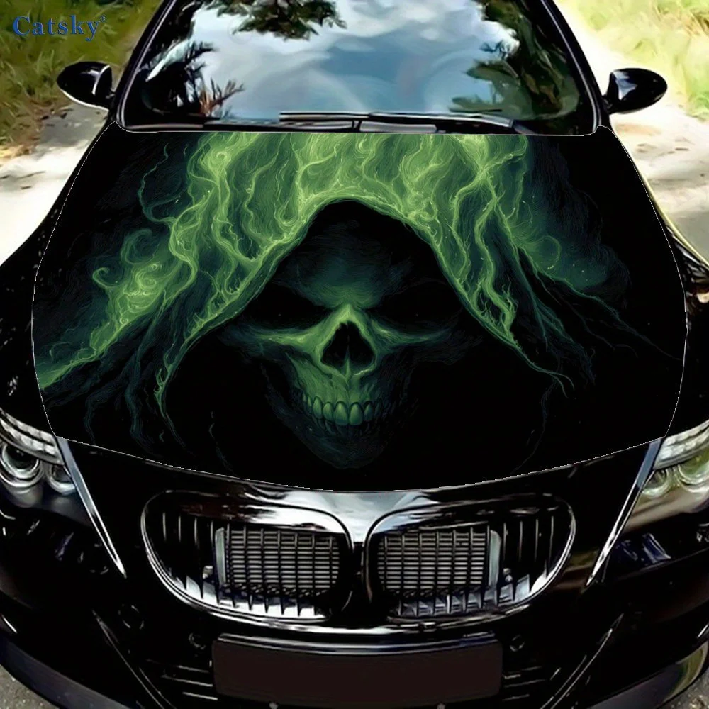 

Green Flame Skull Car Hood Sticker PVC Self Waterproof Stick Striking Auto Exterior Accessories Decor Protect Gift for Car Lover