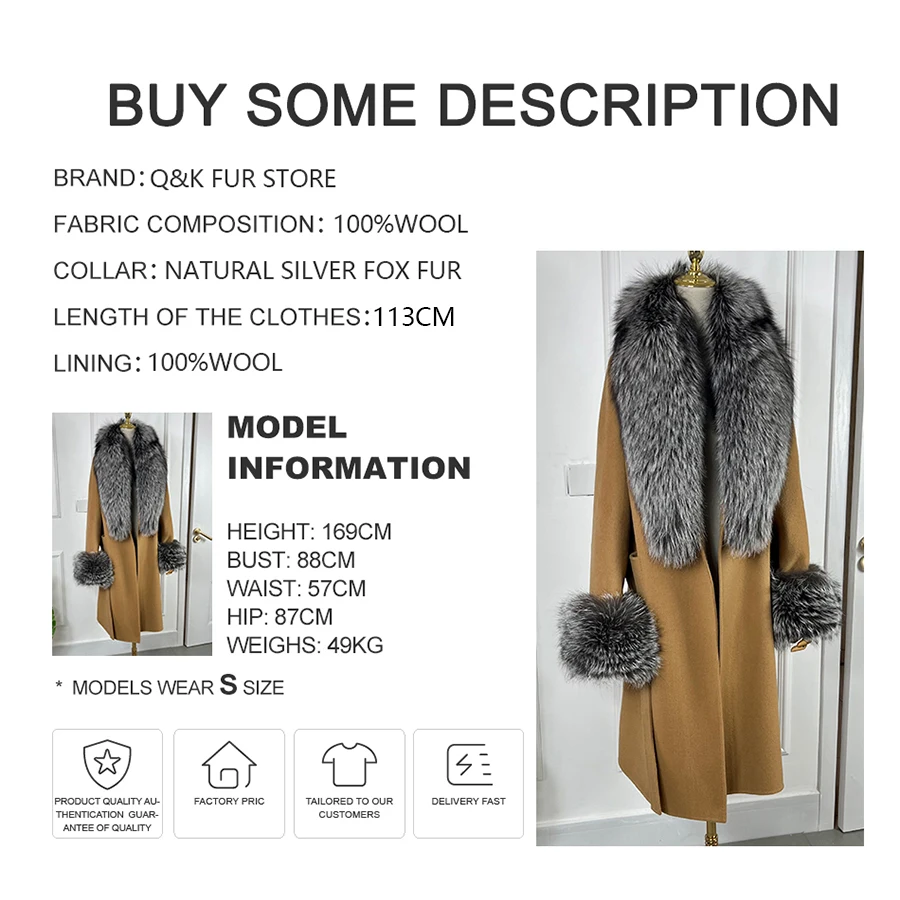 Women Cashmere Cardigan With Fur Natural Silver Fox Fur Coat Long Wool Blends Coat Rela Fur Collar Cuffs 2024 Best Selling