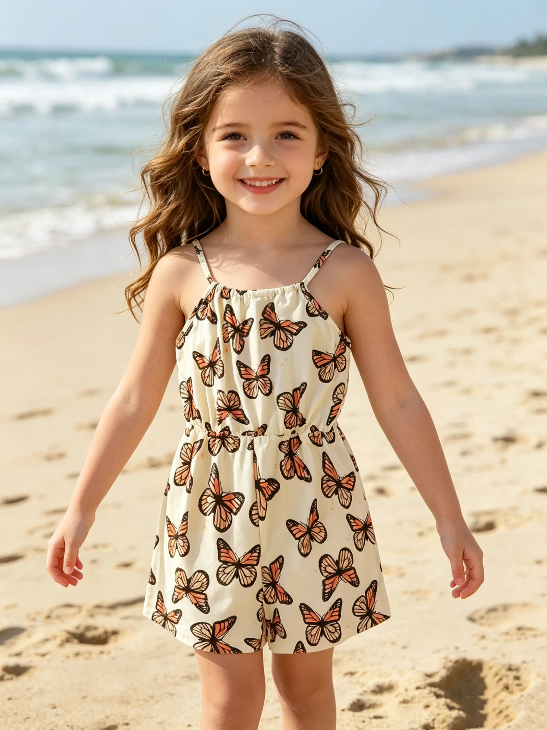 Summer casual beach breathable elastic cute butterfly print comfortable and fashionable girls' sleeveless jumpsuit