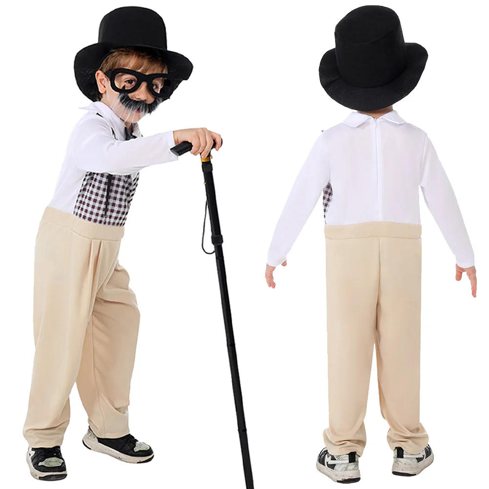 Beard Centenarian Halloween Cosplay Costume for Boy Jumpsuit With Hat Glasses Suit Kids Children World Book Day Grandpa Outfits