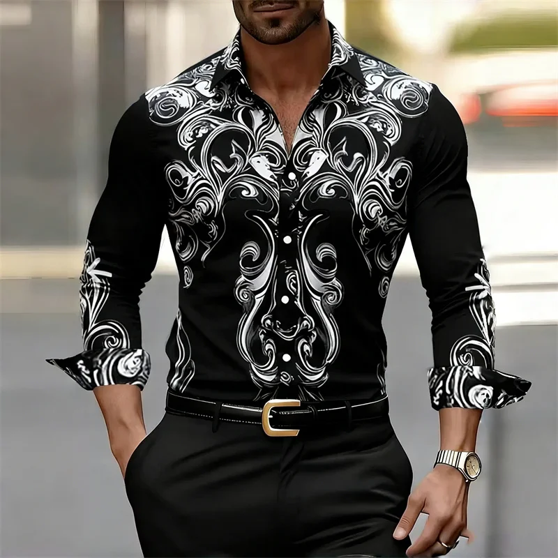 

Мужская рубашка с длинными рукавами и ретро-принтом в черно-белых тонах, рубашка с длинными рукавами в уличном стиле, повседневный топ для делового стиля.