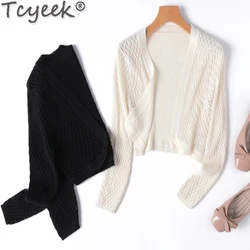 Tcyeek 55% Mulberry Silk+45% Cotton Top Women's Long Sleeve Tops Short Style Spring Summer Clothes Women Knitted Cardigan 2024