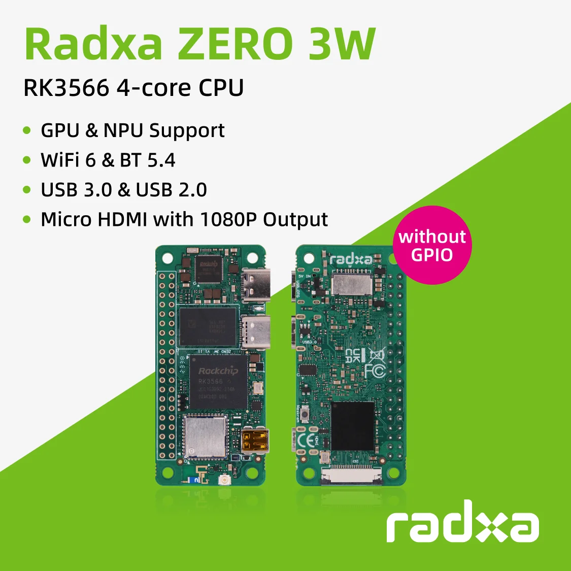 Radxa ZERO 3W RK3566 4-core CPU SBC, GPU, NPU, HDMI met 1080P output, en WiFi 6 & BT 5.4, Single Board Computer