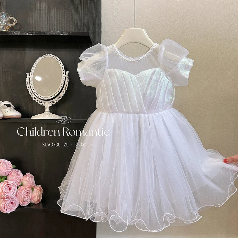 Vestidos de Fiesta blancos de verano para niña, vestidos de baile de rendimiento de boda con flores, volantes de cuentas, vestido de princesa de tul con lazo