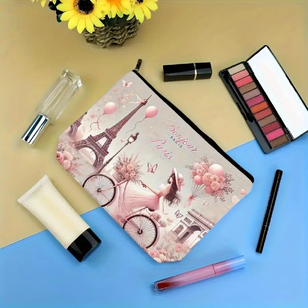 Un sac de maquillage de style Paris – jolie pochette multifonctionnelle à fermeture éclair pour femmes, sac de rangement de bijoux