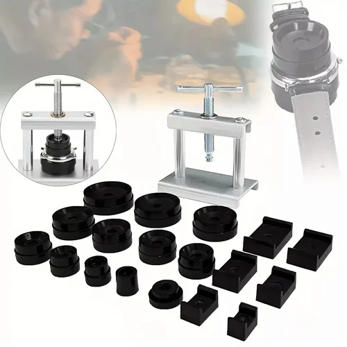 Imagen 2 del producto Kit de prensa de reloj, herramientas de reparación de relojes con 18 placas de presión, perforador de oreja, tela antipolvo, cubierta de cuchillo doblado, herramienta de batería, 22 Uds.