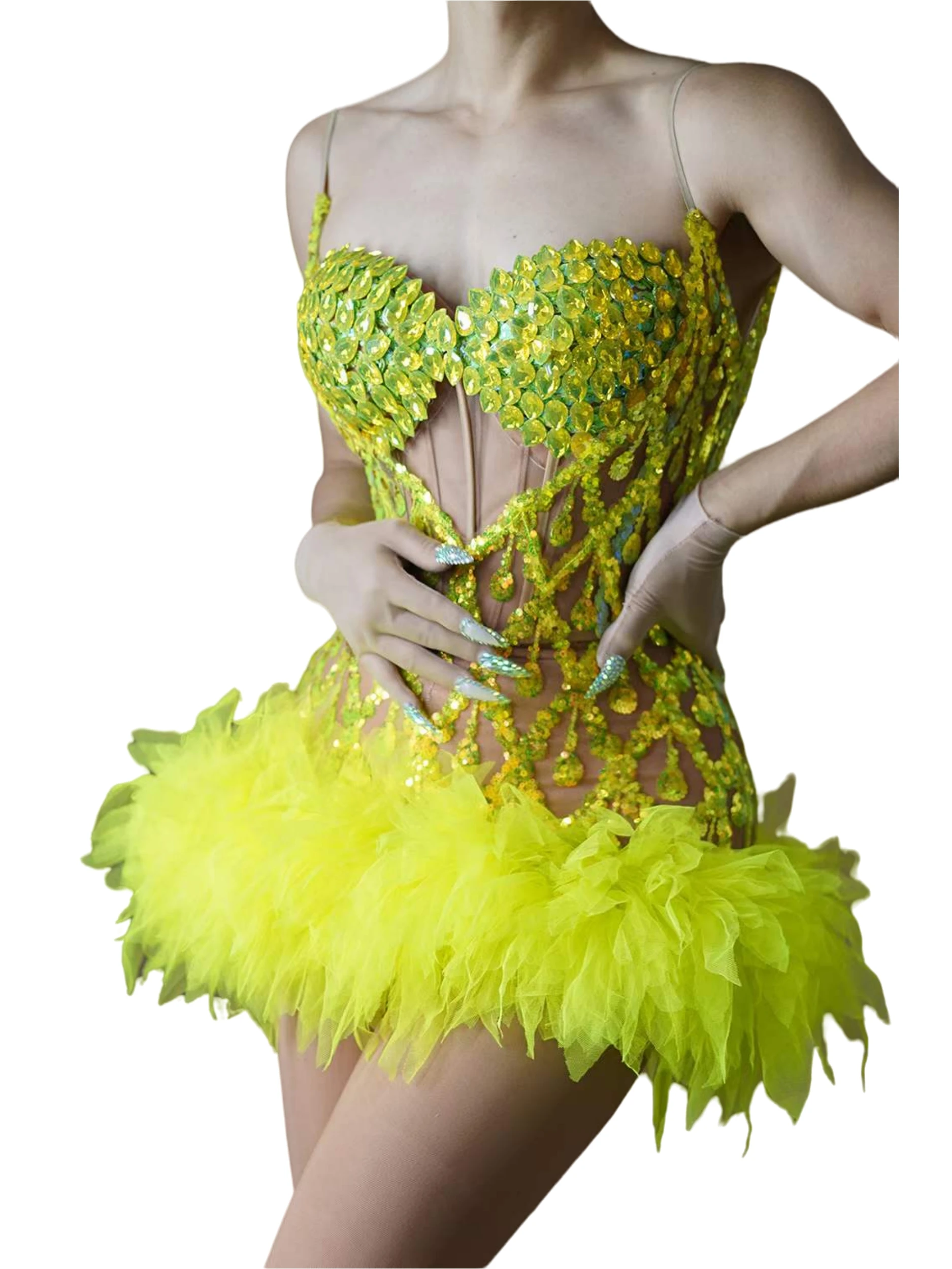 Ruffle Mesh Rhinestone Sling Sexy Dress For Women Night Club Stage Wear Las Vegas Show Sparkly Drag Queen Dance Costume Charming