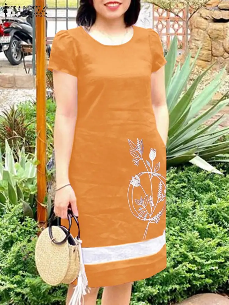 2024 ZANZEA Summer Vintage Dress Women Fashion EO Neck Short Sleeve mbroidery Floral Sundress Casual Party Midi Vestido Kaftan