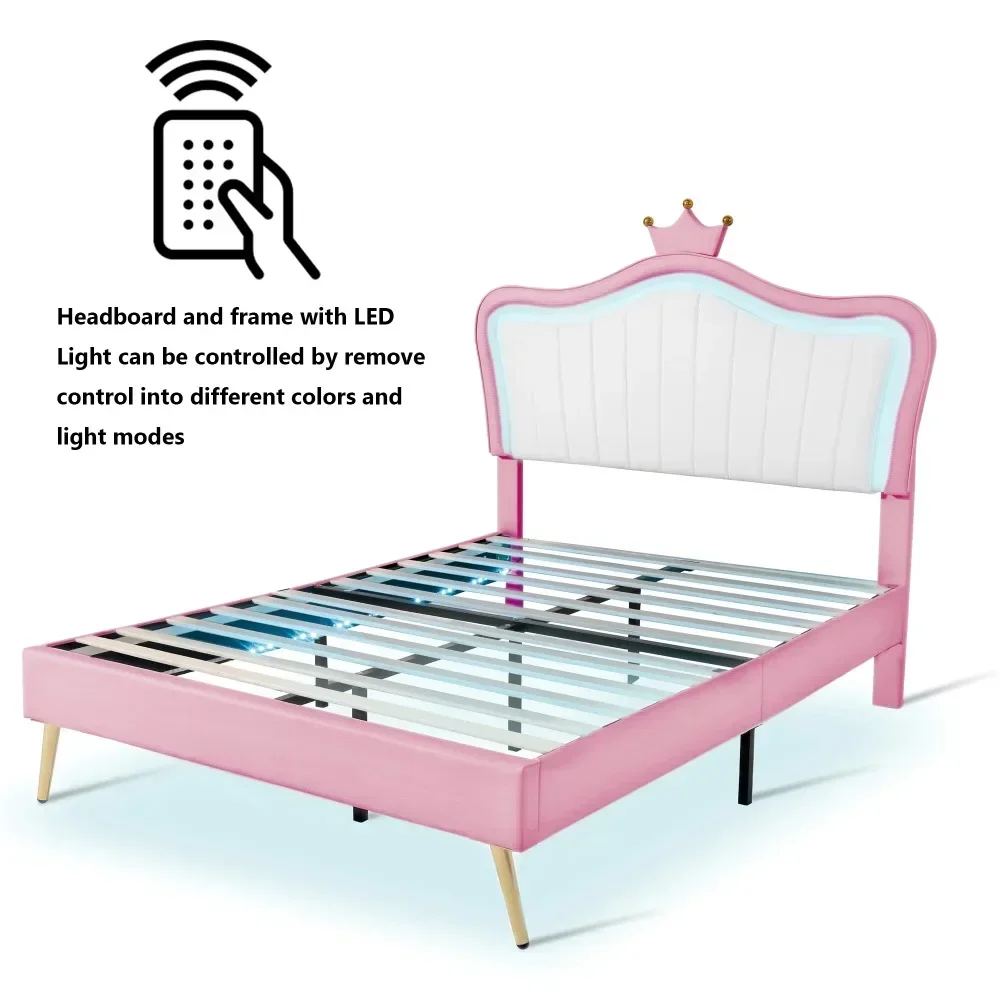 

Modern Full size Children Beds, Platform Beds, Full Size Upholstered Princess Bed with Crown Headboard and LED Lights