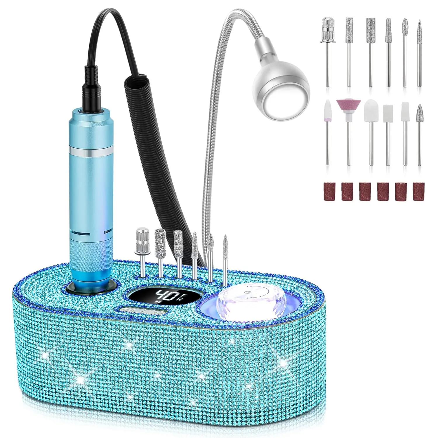Kit profissional de broca elétrica para unhas com motor de 40000 RPM, luz LED e 12 bits para remoção de esmalte em gel acrílico