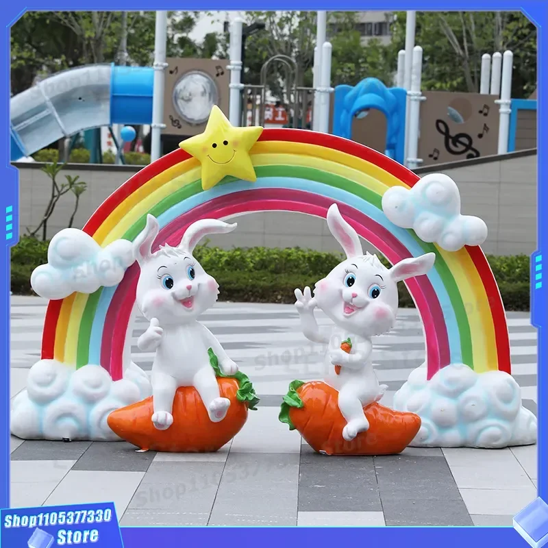 Large FRP Cartoon Rabbit Statue Outdoor Garden Decoration Creative Kindergarten Entrance Ornament Internet Famous Check In
