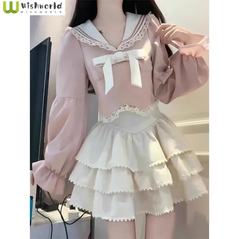 Age Reducing College Style Long Sleeved Navy Collar High Waisted Short Top Women's Sweet Lace Cake Short Skirt Ballet Style Set
