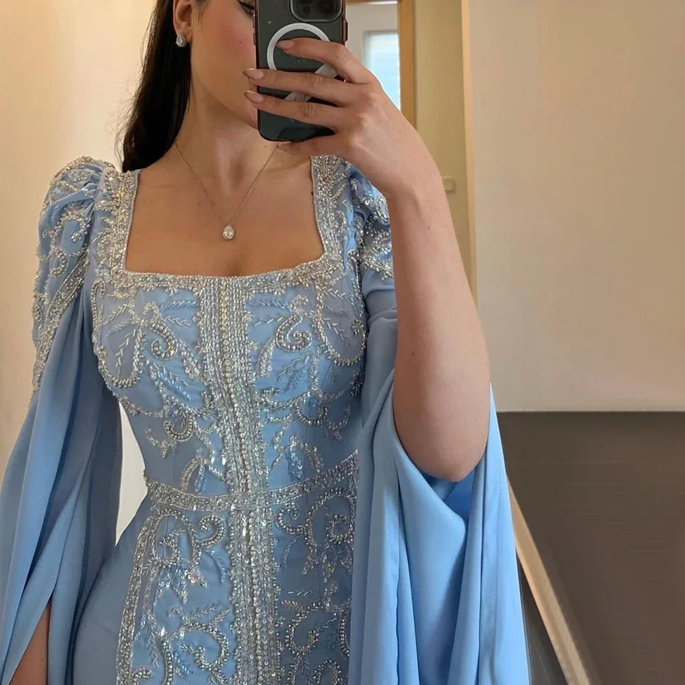 Luxury Dubai Prom Dresses Blue Muslim Mermaid Evening Dresses for Women Wedding Long Cape Sleeves Arabic Formal Party Gowns